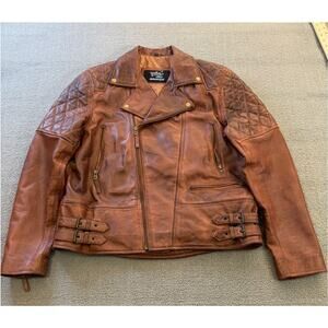 FZ Merchandise Men's Brown Leather Motorcycle Jacket Quilted Shoulders